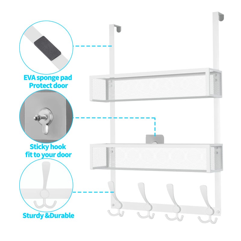 Kaiferty Over The Door Hooks Organizer Coat Rack with 12 Hooks and 2 Mesh Baskets Back of Door Storage Organizer for Bathroom Bedroom Kitchen Office(White) - Image 5